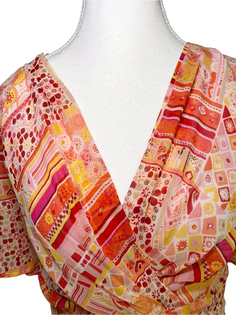 Silkland Y2K Boho Chic 100% Silk Patchwork Flutter Sleeve Blouse - Picture 4 of 14